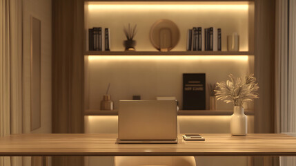 Modern desk setup with soft lighting, creating a calm and productive workspace.