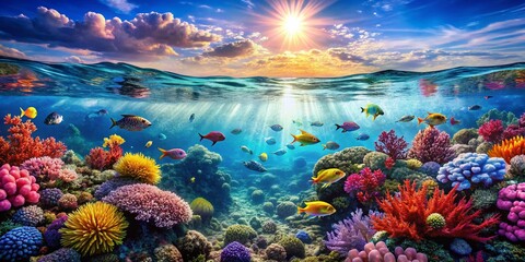 Naklejka premium Vibrant Coral Reef Double Exposure: Tropical Fish & Crystal Clear Ocean