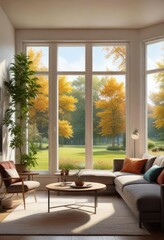 Naklejka premium Cozy living room with a big window overlooking a park, relaxing ambiance, inviting space , comfortable sofa