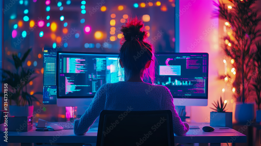 Poster night coder: woman working on dual monitors with neon lights