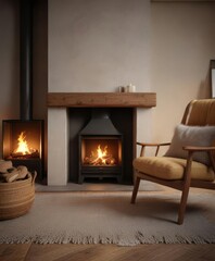 Cozy armchair placed in front of a warm and inviting fireplace, fireplace, winter wonderland