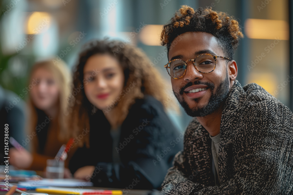 Poster man with glasses sitting at a table in a casual setting with a focused expression and a notebook in 