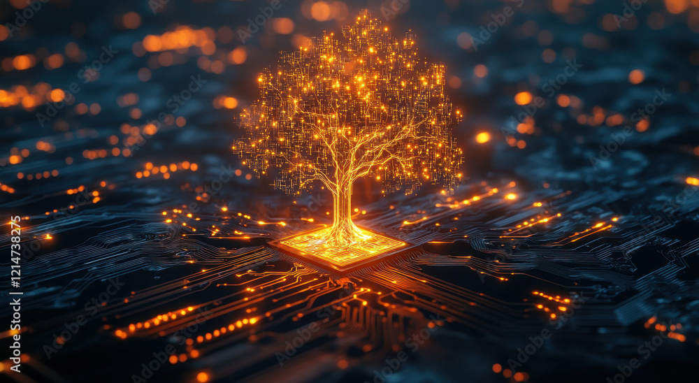 Poster a vibrant tree made of glowing circuits rises from a circuit board, symbolizing the fusion of nature