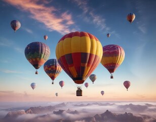 Obraz premium Colorful hot air balloons floating in a serene sky, colorful, serenity