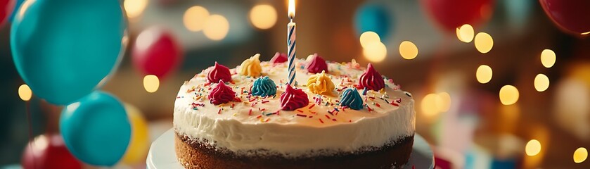 A birthday cake with a lit candle, sprinkles, and frosting, blurred balloons and lights in the background