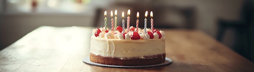 Birthday Cake with Lit Candles and Red Berries on a Wooden Table