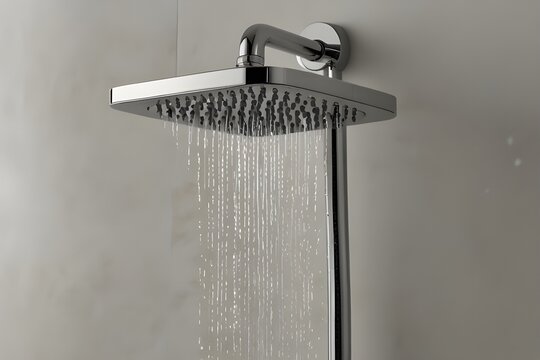 A modern square rainfall shower head with water streaming down, highlighting its sleek, contemporary design and luxurious functionality.