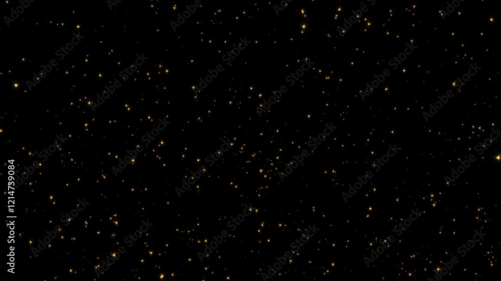 Poster abstract animation loop floating glow gold stars dust particles flow up on black background. 4k 3d s