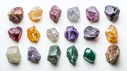 Varie pietre colorate disposte artisticamente, mostrando una gamma di tonalit&agrave; e forme uniche