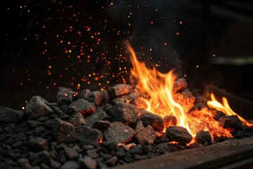 Closeup of burning embers on a black surface, light, heat, warmth