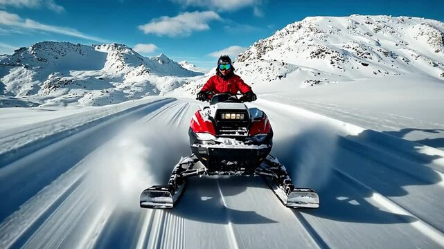 A person riding a snowmobile on a snowy mountain landscape under a clear blue sky.