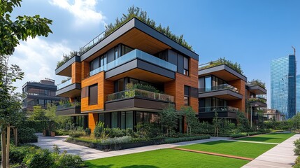 Obraz premium Modern residential buildings in the public green area. Real estate houses in Milan, Italy.. --ar 16:9 --style raw --stylize 750 --v 6.1 Job ID: b9bc6441-08bb-4ffd-8788-add649054eb3