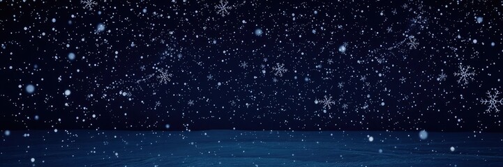 Fototapeta premium Frozen landscape with white snow flakes scattered across a dark night sky, frozen terrain, winter wonderland, atmospheric phenomenon