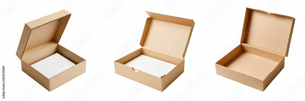 Aufkleber eco friendly. three open cardboard boxes on a black background showcasing different angles.