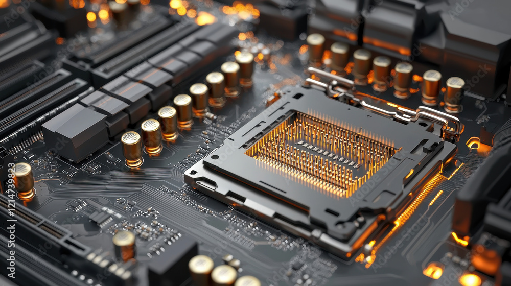 Poster close up of intricate computer hardware showcasing detailed circuit board with processor socket and 