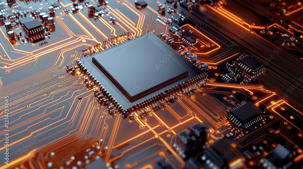 Poster close up of intricate computer hardware showcasing microprocessor and circuit board details. vibrant