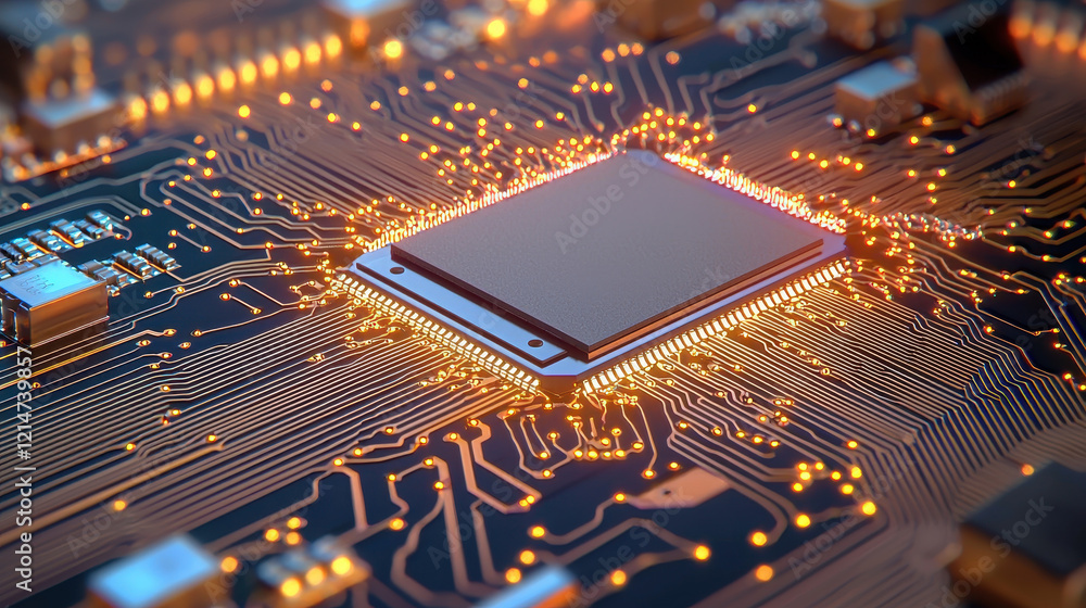 Poster close up of intricate computer hardware with glowing circuits and microchip