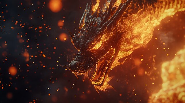 The Chinese dragon with fire surrounding it looked powerful and terrifying dynamic scene with glowing embers and fiery glow
