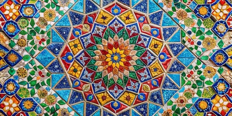 Vibrant Geometric Ceramic Tile Mosaic: Overhead Drone Shot of Colorful Pattern
