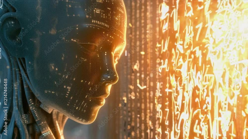 Poster artificial intelligence robot face with glowing data code