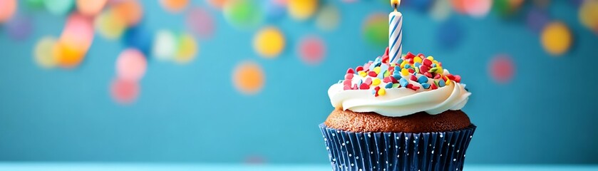 A Single Birthday Cupcake With a Lit Candle and Sprinkles