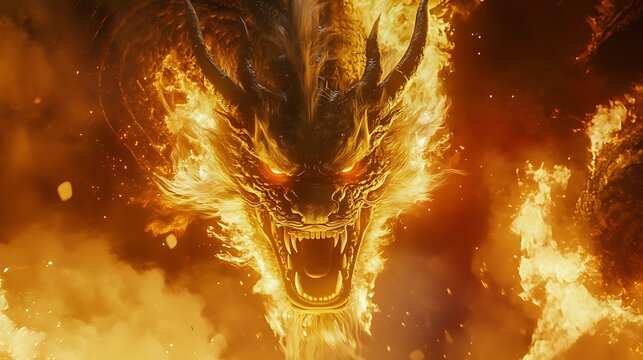 Fiery Chinese dragon roaring in power engulfed by spiraling flames in a vivid display of strength