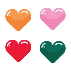 Set of four colorful heart icons in red, pink, orange, and green. Perfect for Valentine's Day, love, romance, and social media graphics. Cute glossy hearts on a white background.