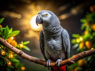 Fototapeta premium African Grey Parrot Closeup on Tree Branches - Night Photography Stock Image