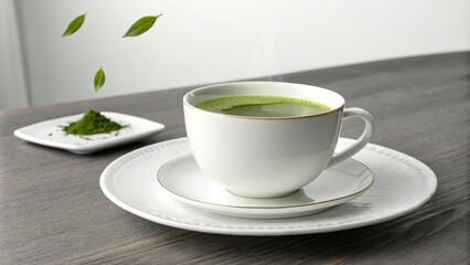 Fototapeta premium Filled cup with green tea floating above a white plate on a table, clear liquid, tea glass