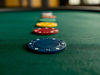 Colorful poker chips arranged on green felt table, creating vibrant gaming atmosphere. focus on chips highlights their various colors and shapes, enhancing excitement of game