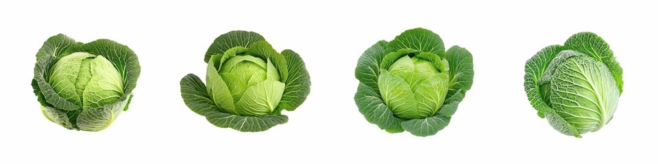 Obraz premium Eco friendly. Fresh green cabbages displayed in a row against a white background.