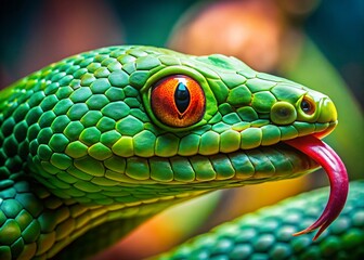 Obraz premium Vibrant Green Snake Close-Up: Detailed Scales, Eye, and Forked Tongue