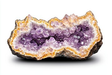 A stunning geode showcasing vibrant purple amethyst crystals surrounded by natural rock formations, ideal for educational or decorative purposes.