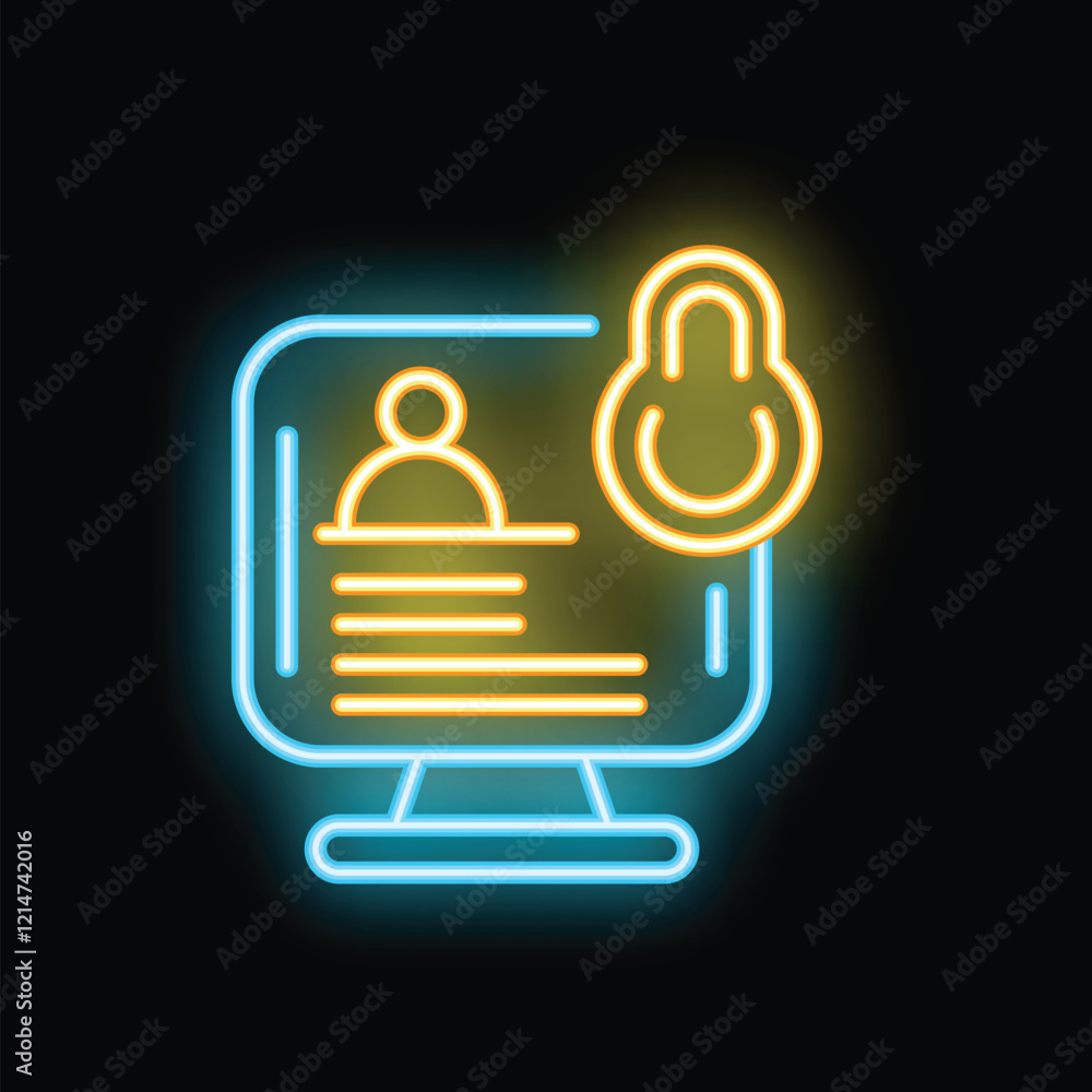 Poster neon icon of computer screen displaying user profile with padlock, representing online security and 