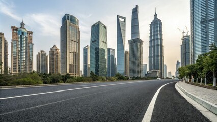 Empty asphalt road passing through the heart of a modern city amidst towering skyscrapers and office buildings, urban sprawl, steel and glass, skyscraper, modern cityscape