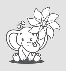 Vector black line sitting baby elephant holding pinwheel. Coloring book. Isolated on white background