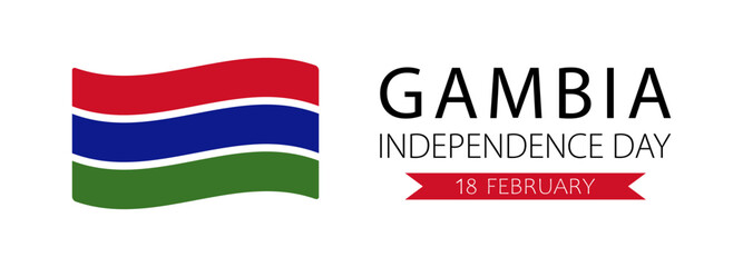 Gambia Independence Day, vector web banner design. Text Gambia Independence Day, 18 february and flag of Gambia isolated on white background.