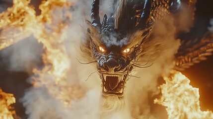 Flames roaring around a Chinese dragon its fierce eyes piercing through the smoke and heat