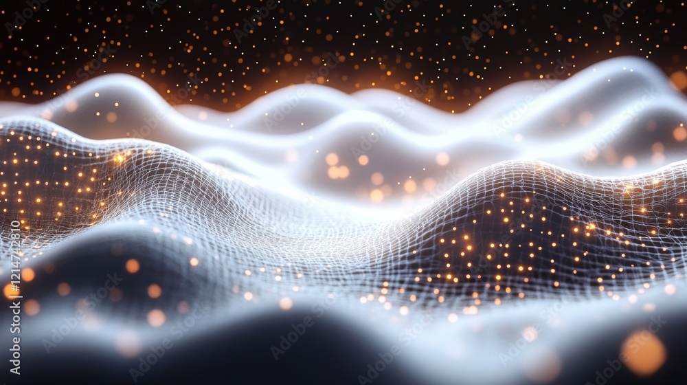 Poster abstract digital background with weaving lines and dots in a soft flowing motion, illustrating waves