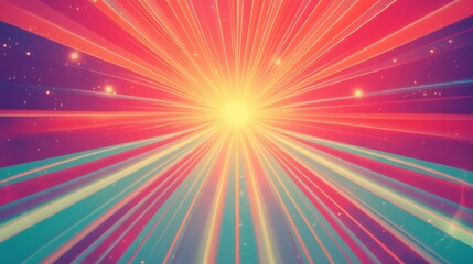 Obraz premium Retro banner with sun and rays in style of 70s. Sunburst, sunrise summer background. Sunbeam illustration, starburst geometric pattern. Vintage wallpaper