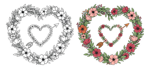 A Floral wreath with hearts and arrows vector illustration