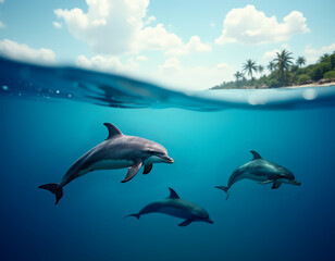 Fototapeta premium Three dolphins swimming in a clear ocean with a tropical island featuring palm trees in the background.