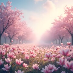Fototapeta premium Tranquil Spring Blossoms Pastel Landscape in Dreamy Light
