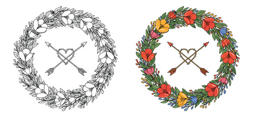 A Floral wreath with hearts and arrows vector illustration