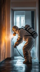 Fototapeta premium Person in protective suit disinfecting a hallway wall