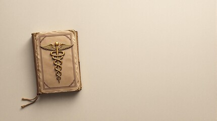 An old, leather-bound book with a golden medical symbol on the cover