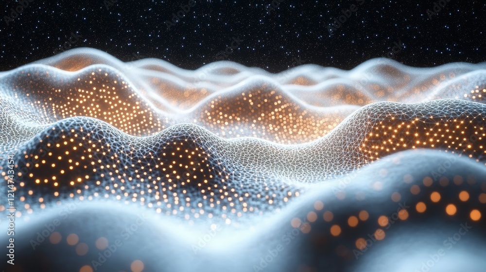 Poster abstract digital landscape with waving lines and dots at night, creating a mesmerizing weave of ligh