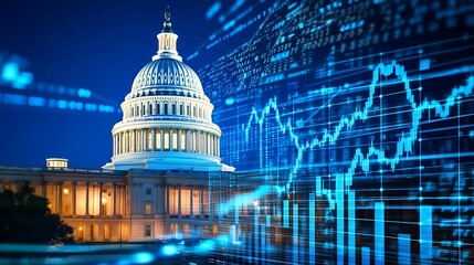 capitol building, government, stock market. A digital representation of the U.S. Capitol building set against a backdrop of financial data, symbolizing the intersection of government and finance.
