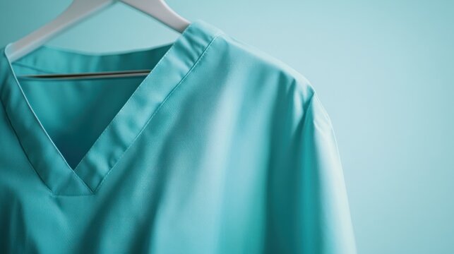Teal medical scrub top hangs on white hanger, minimalist background