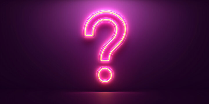 **A neon question mark glowing on a dark purple background